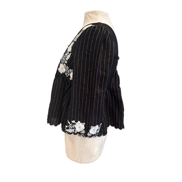 Velzera Womens Black Pinstripe Top W/ White Floral Embroidery & Smocked Details - Picture 3 of 9